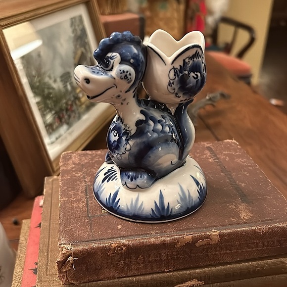 Gzhel Porcelain Blue and White Dragon Candle Holder - Picture 3 of 7